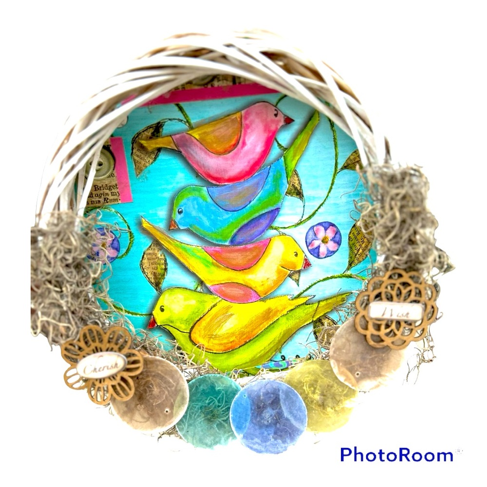 Spring Or Easter Birds & Moss with Pastel Shells Cherish & Wish White Wreath